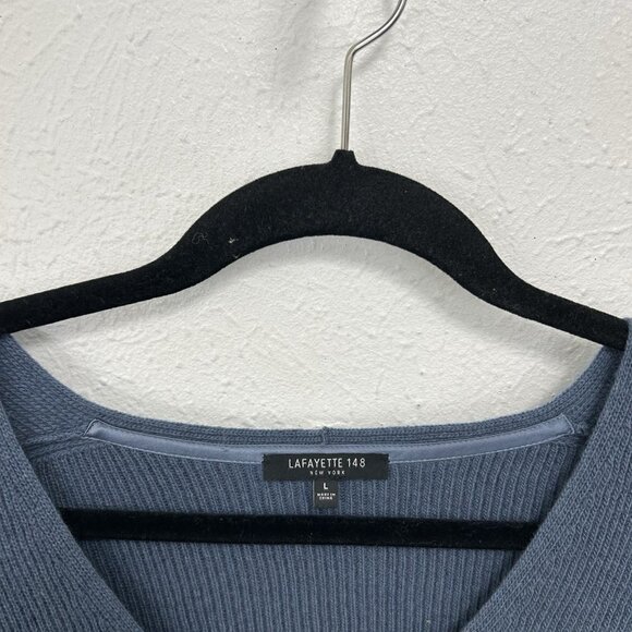 Lafayette 148 Blue Wool Cashmere Blend Ribbed  V-Neck Tunic Sweater Size L Boho - Picture 5 of 10